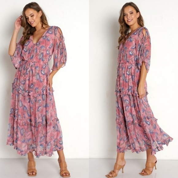 New Cleobella Elena Ankle Barbie Pink Lotus Print Maxi Dress NWT Small - Picture 4 of 13